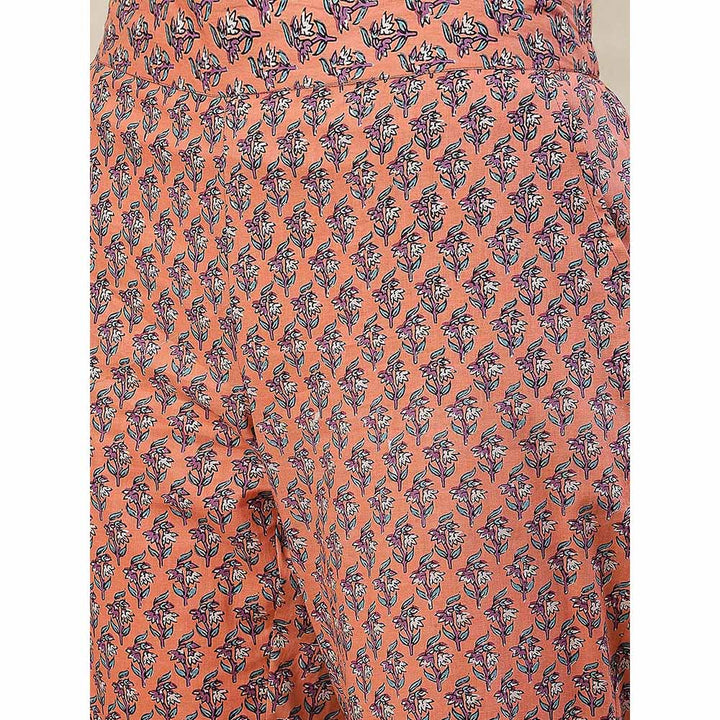 FASHOR Ethnic Printed A-Line Kurta with Pant - Peach (Set of 2)