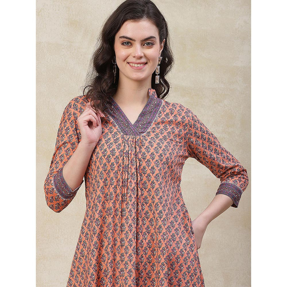 FASHOR Ethnic Printed A-Line Kurta with Pant - Peach (Set of 2)