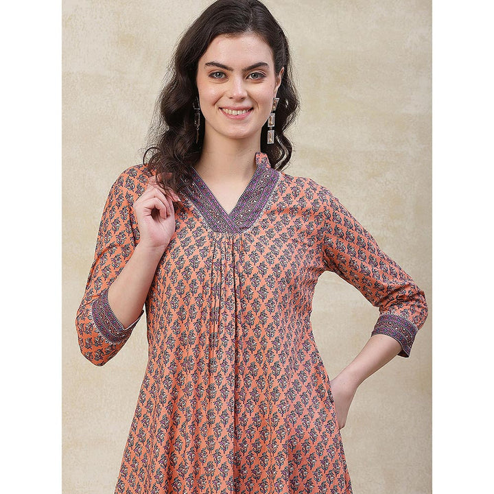 FASHOR Ethnic Printed A-Line Kurta with Pant - Peach (Set of 2)