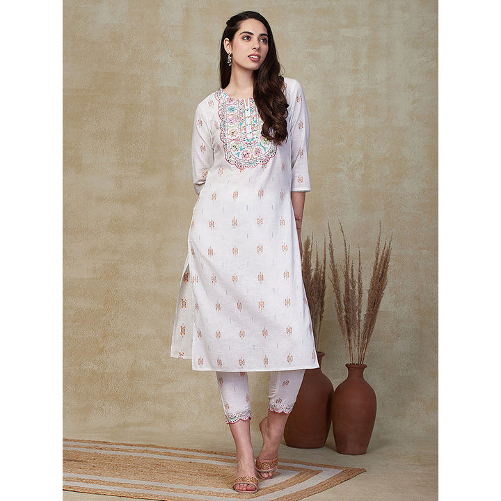 FASHOR Ethnic Embroidered Kurta with Pant - White (Set of 2)