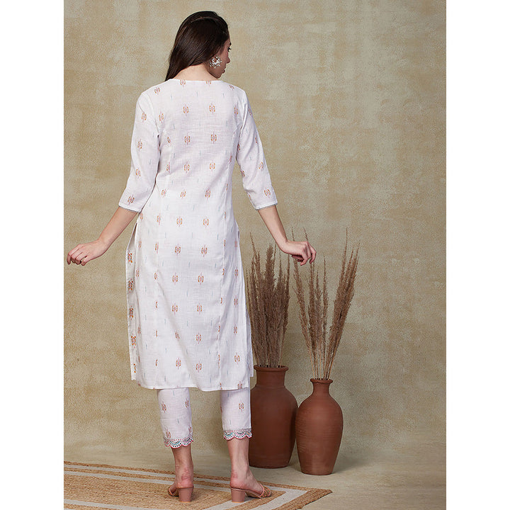 FASHOR Ethnic Embroidered Kurta with Pant - White (Set of 2)