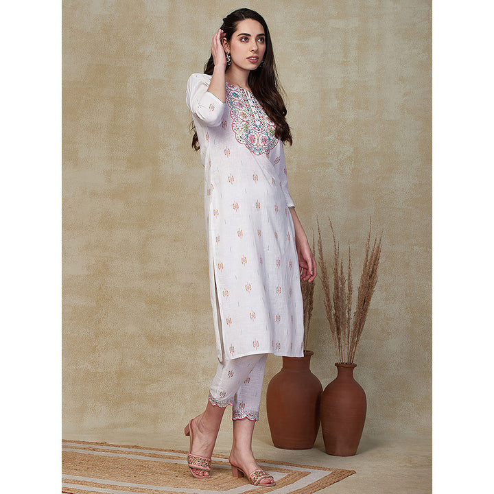 FASHOR Ethnic Embroidered Kurta with Pant - White (Set of 2)