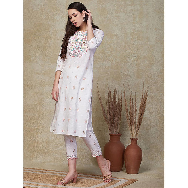 FASHOR Ethnic Embroidered Kurta with Pant - White (Set of 2)