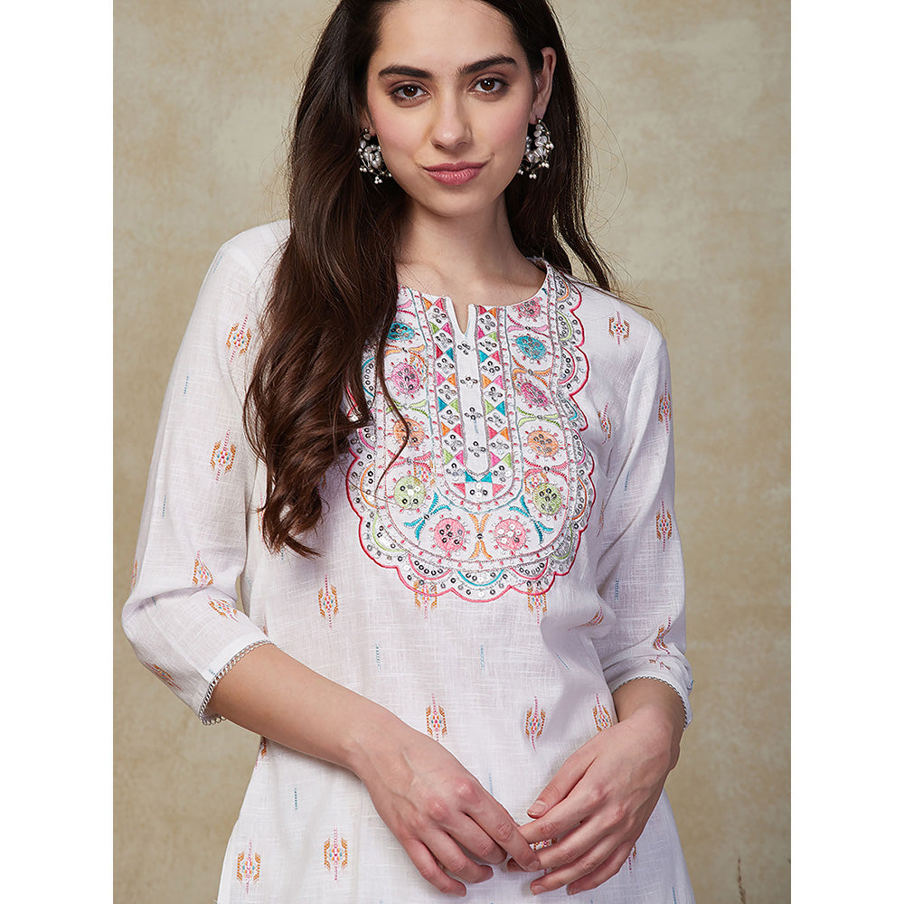 FASHOR Ethnic Embroidered Kurta with Pant - White (Set of 2)