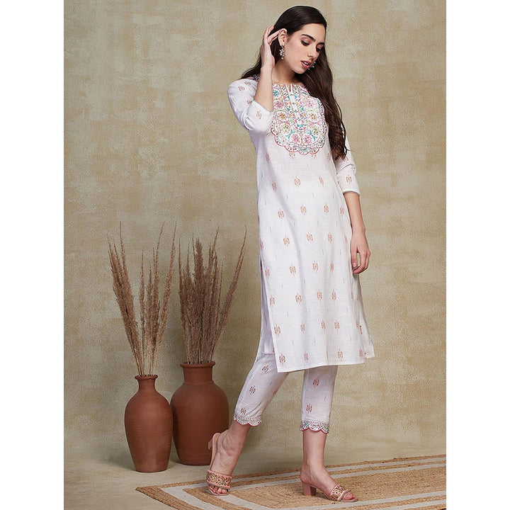 FASHOR Ethnic Embroidered Kurta with Pant - White (Set of 2)