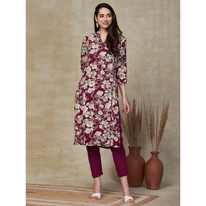 FASHOR Floral Printed Embroidered Kurta with Pant - Purple (Set of 2)