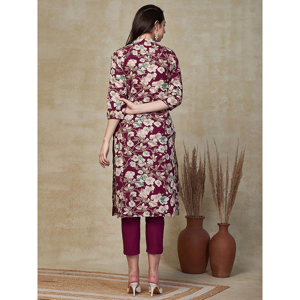 FASHOR Floral Printed Embroidered Kurta with Pant - Purple (Set of 2)