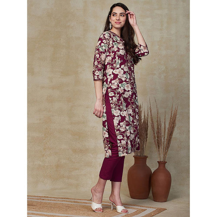 FASHOR Floral Printed Embroidered Kurta with Pant - Purple (Set of 2)