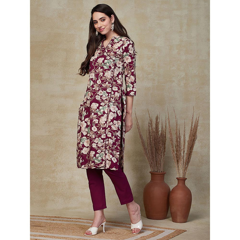 FASHOR Floral Printed Embroidered Kurta with Pant - Purple (Set of 2)