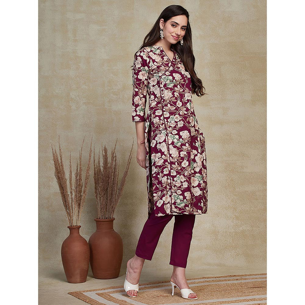 FASHOR Floral Printed Embroidered Kurta with Pant - Purple (Set of 2)