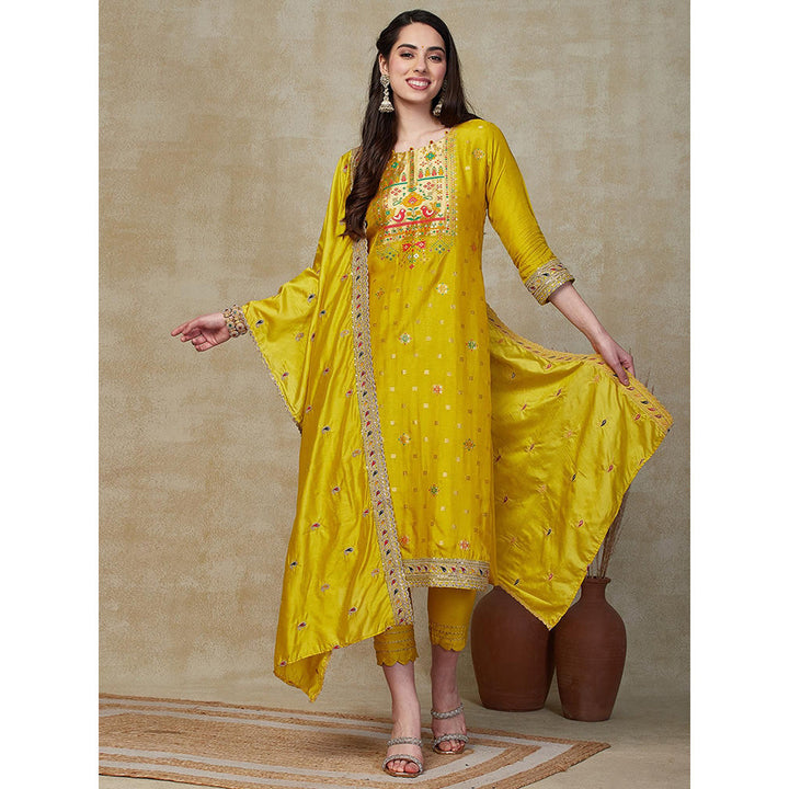 FASHOR Zari Jacquard Kurta with Pants & Dupatta - Yellow