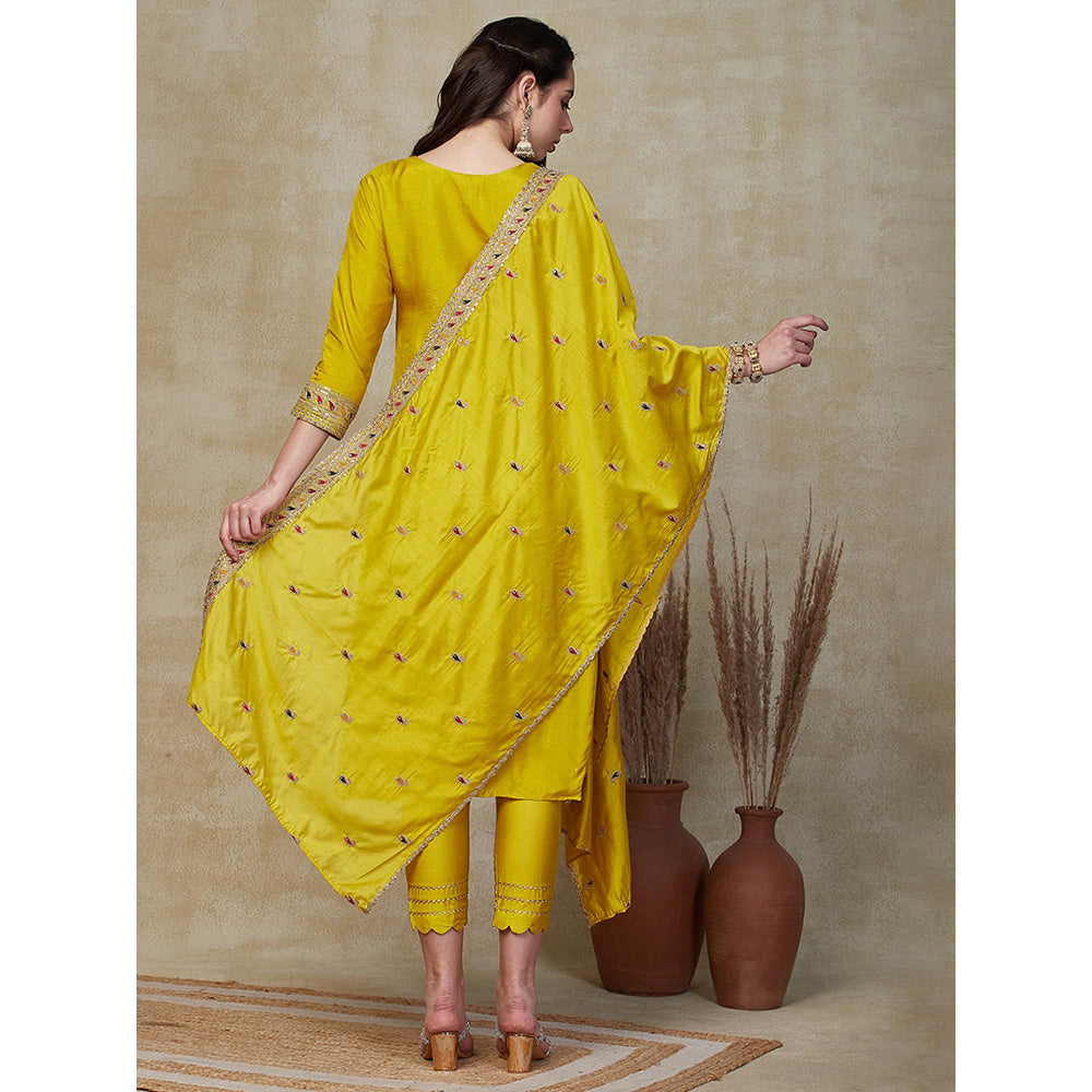 FASHOR Zari Jacquard Kurta with Pants & Dupatta - Yellow