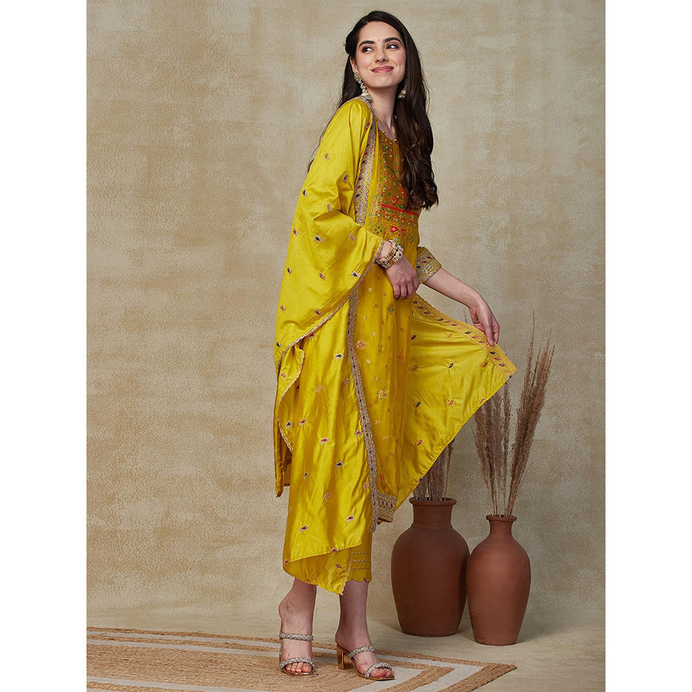 FASHOR Zari Jacquard Kurta with Pants & Dupatta - Yellow