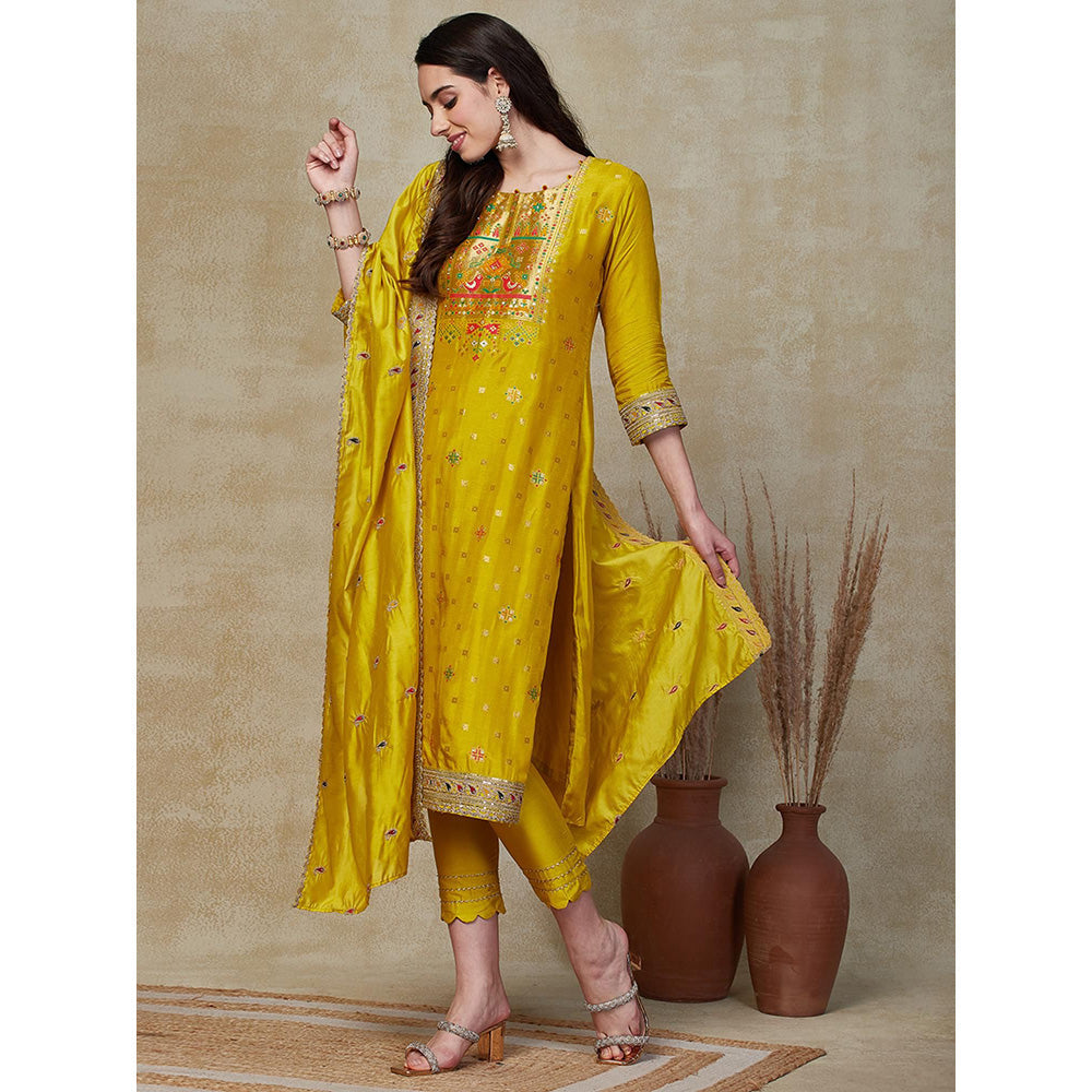 FASHOR Zari Jacquard Kurta with Pants & Dupatta - Yellow