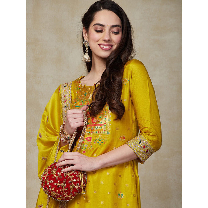 FASHOR Zari Jacquard Kurta with Pants & Dupatta - Yellow