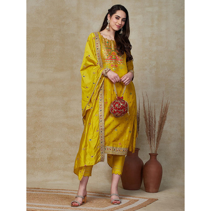 FASHOR Zari Jacquard Kurta with Pants & Dupatta - Yellow