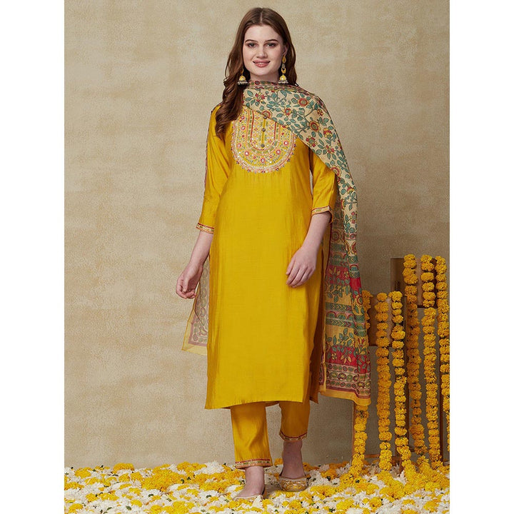 FASHOR Solid Resham Kurta with Pants & Dupatta - Yellow (Set of 3)