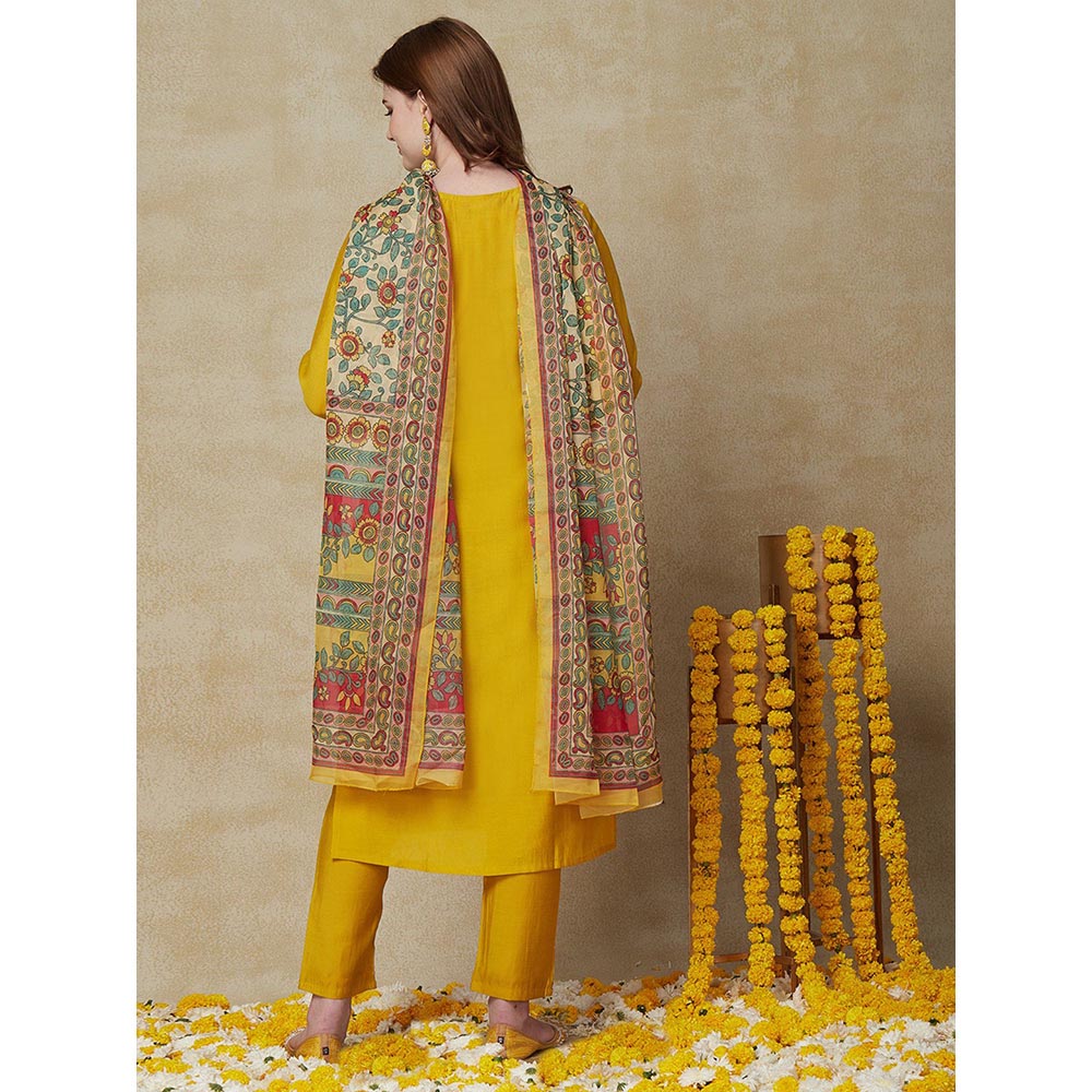 FASHOR Solid Resham Kurta with Pants & Dupatta - Yellow (Set of 3)