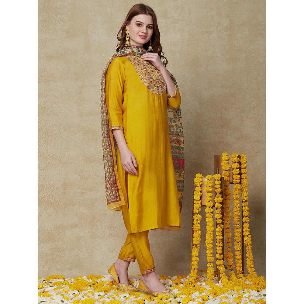 FASHOR Solid Resham Kurta with Pants & Dupatta - Yellow (Set of 3)