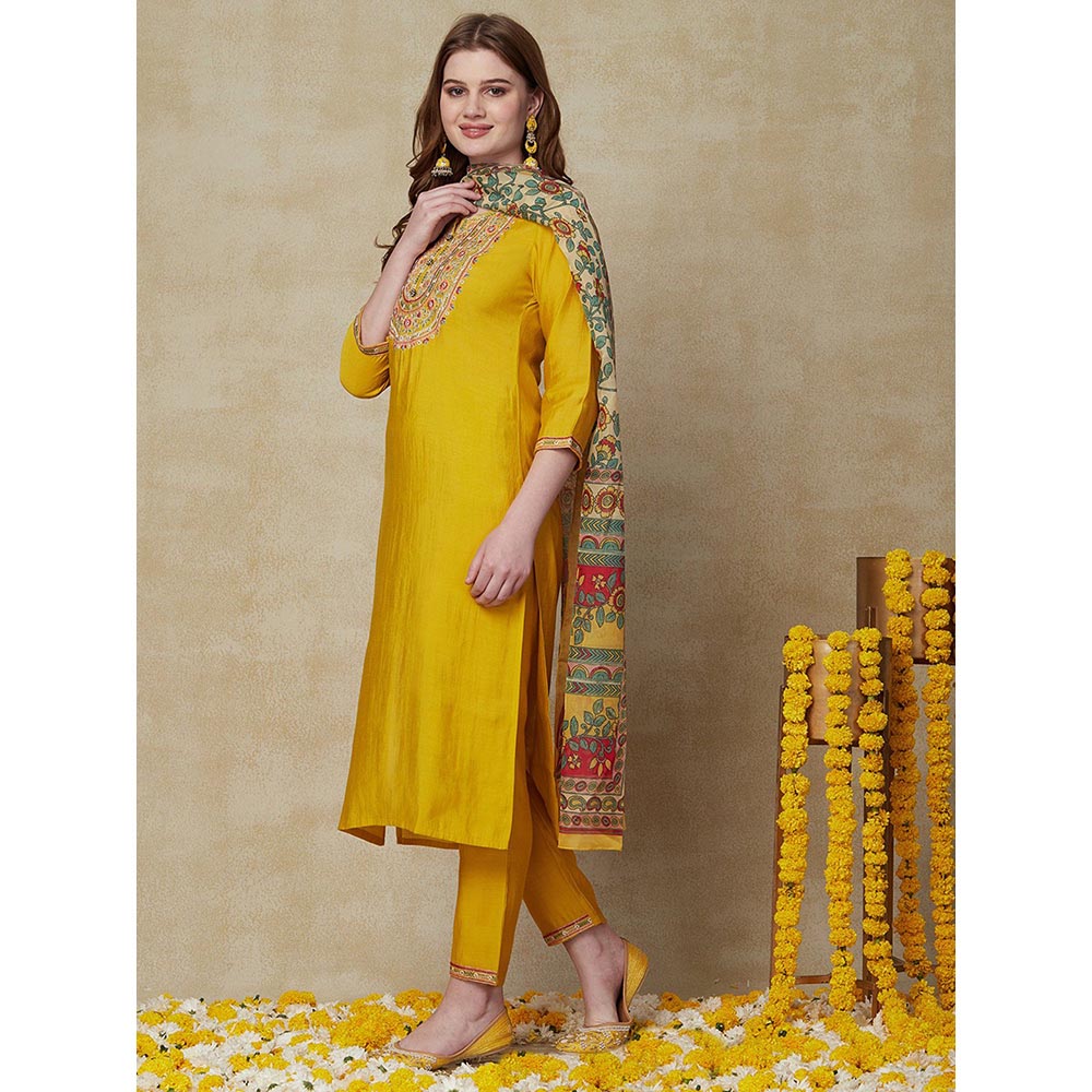 FASHOR Solid Resham Kurta with Pants & Dupatta - Yellow (Set of 3)