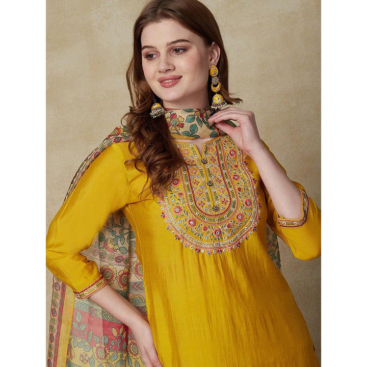 FASHOR Solid Resham Kurta with Pants & Dupatta - Yellow (Set of 3)