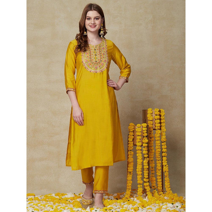 FASHOR Solid Resham Kurta with Pants & Dupatta - Yellow (Set of 3)