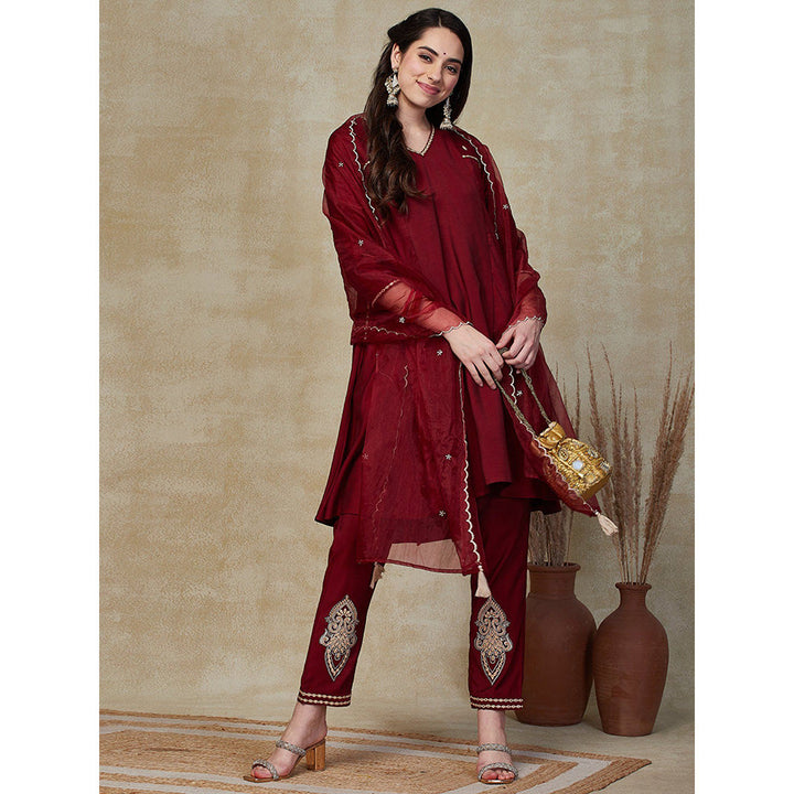 FASHOR Solid Embroidered Kurta with Pants & Dupatta - Maroon (Set of 3)