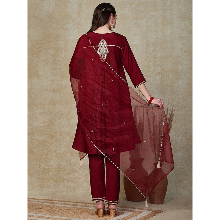 FASHOR Solid Embroidered Kurta with Pants & Dupatta - Maroon (Set of 3)