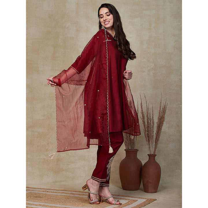 FASHOR Solid Embroidered Kurta with Pants & Dupatta - Maroon (Set of 3)