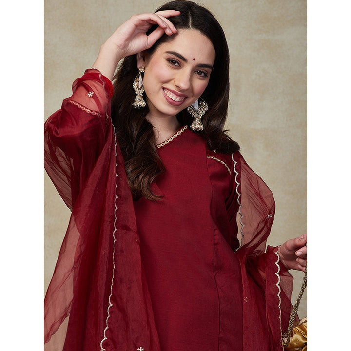 FASHOR Solid Embroidered Kurta with Pants & Dupatta - Maroon (Set of 3)