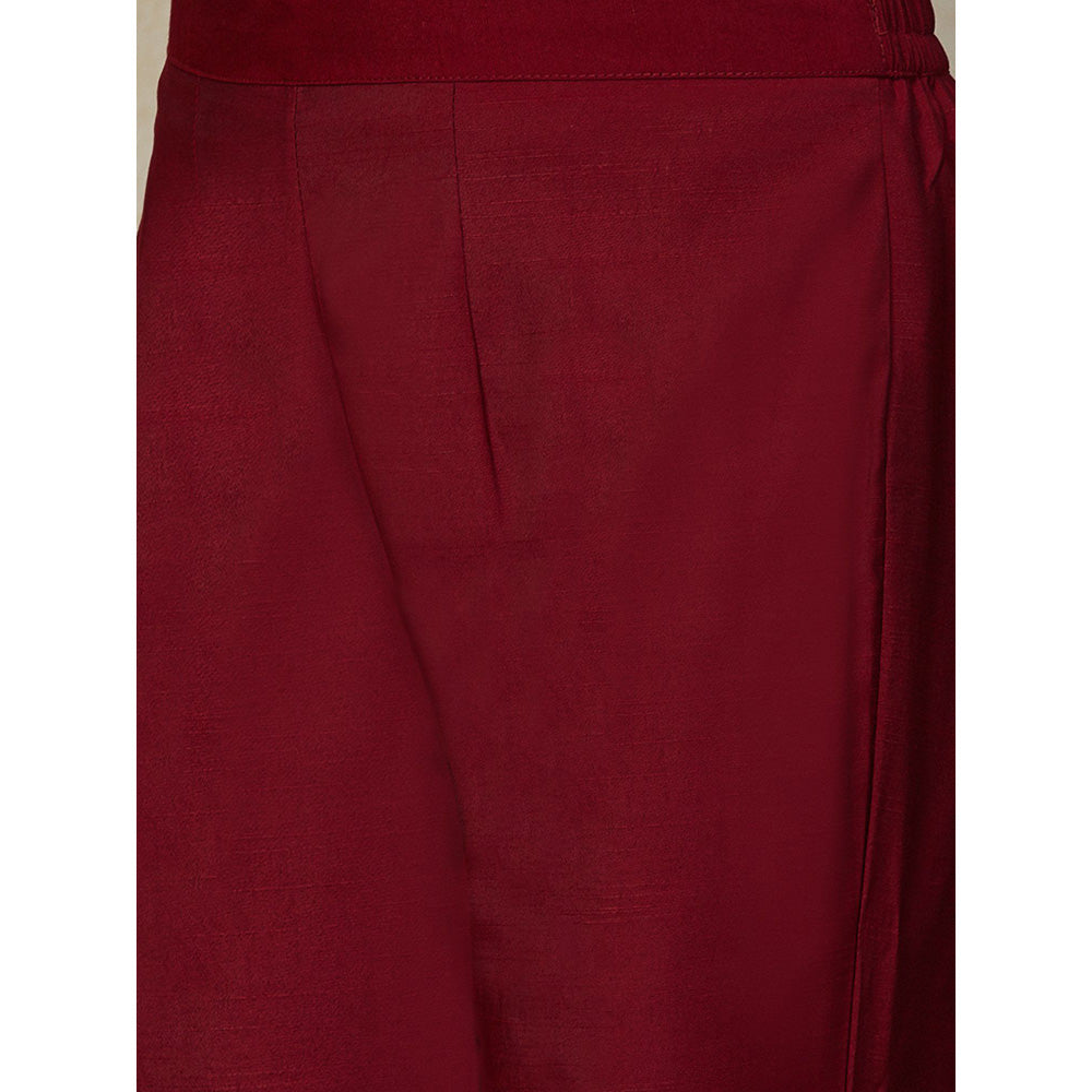 FASHOR Solid Embroidered Kurta with Pants & Dupatta - Maroon (Set of 3)