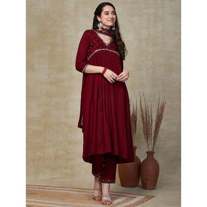 FASHOR Solid Embroidered Kurta with Pants & Dupatta - Maroon (Set of 3)