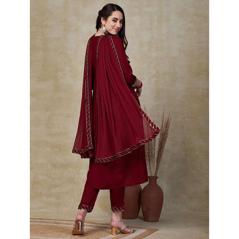 FASHOR Solid Embroidered Kurta with Pants & Dupatta - Maroon (Set of 3)