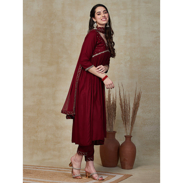 FASHOR Solid Embroidered Kurta with Pants & Dupatta - Maroon (Set of 3)