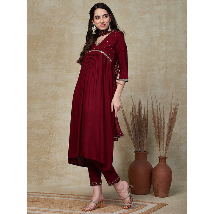 FASHOR Solid Embroidered Kurta with Pants & Dupatta - Maroon (Set of 3)