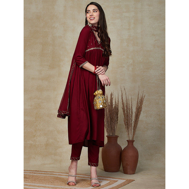 FASHOR Solid Embroidered Kurta with Pants & Dupatta - Maroon (Set of 3)