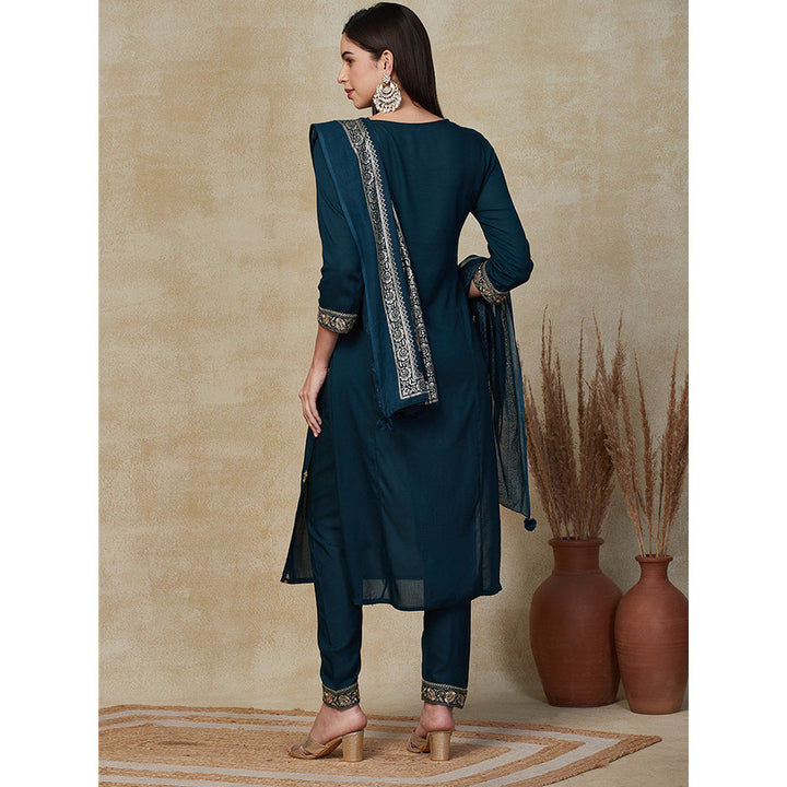 FASHOR Embroidered Kurta with Pant & Dupatta - Teal (Set of 3)