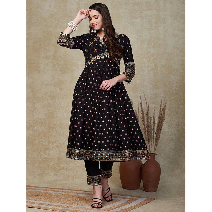 FASHOR Embroidered Kurta with Pants - Black (Set of 2)