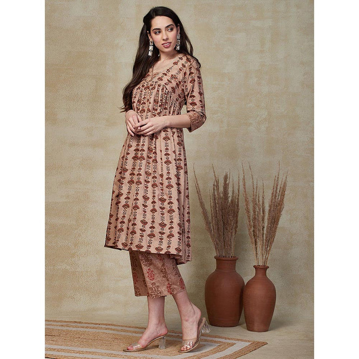 FASHOR Printed & Embroidered Kurta with Pant - Brown (Set of 2)