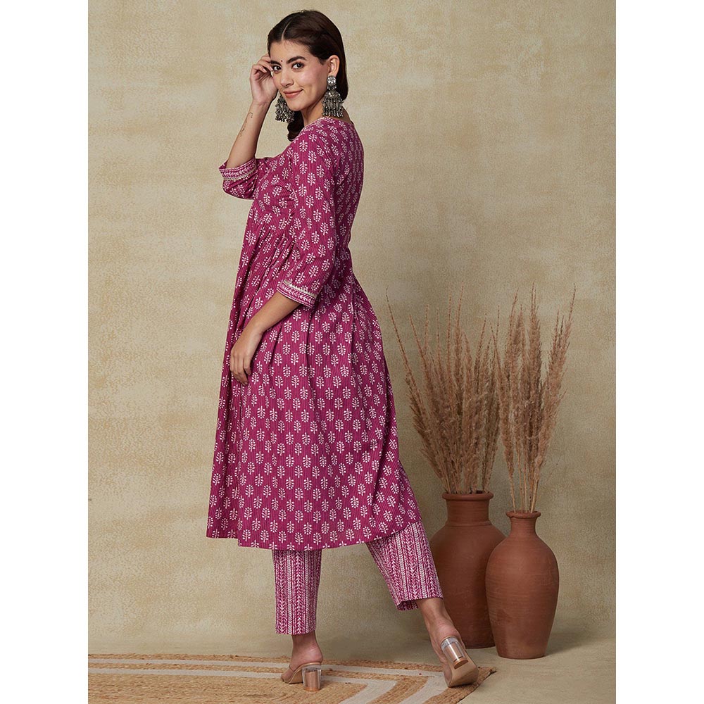 FASHOR Printed & Embroidered Kurta with Pant - Purple (Set of 2)