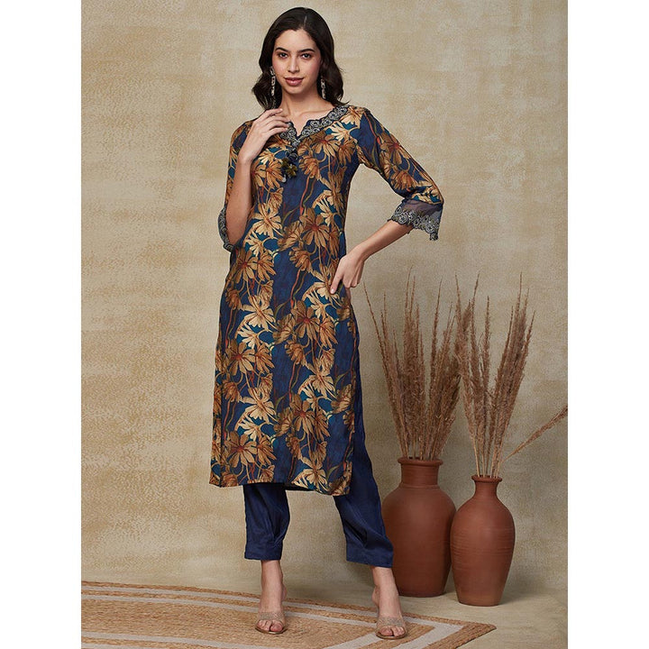 FASHOR Floral Printed & Embroidered Kurta with Pant - Blue (Set of 2)