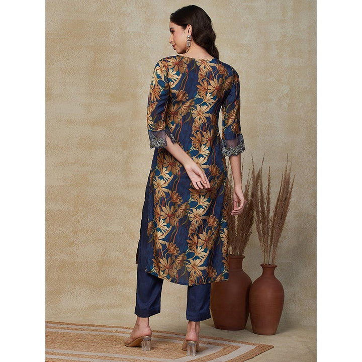 FASHOR Floral Printed & Embroidered Kurta with Pant - Blue (Set of 2)