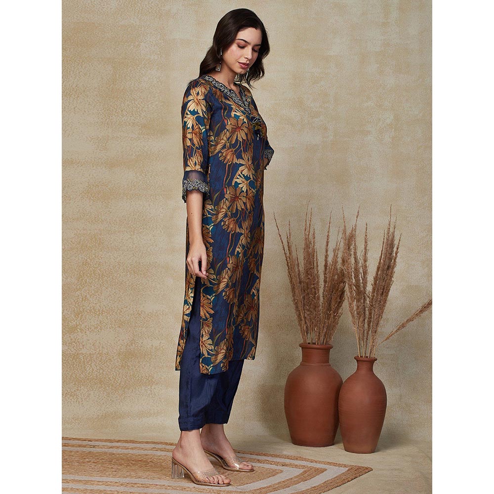 FASHOR Floral Printed & Embroidered Kurta with Pant - Blue (Set of 2)