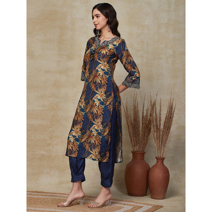 FASHOR Floral Printed & Embroidered Kurta with Pant - Blue (Set of 2)