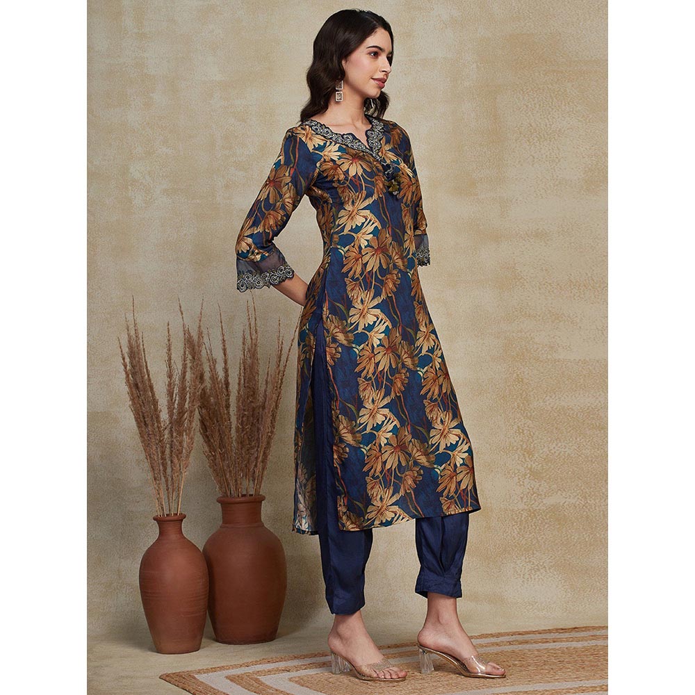 FASHOR Floral Printed & Embroidered Kurta with Pant - Blue (Set of 2)