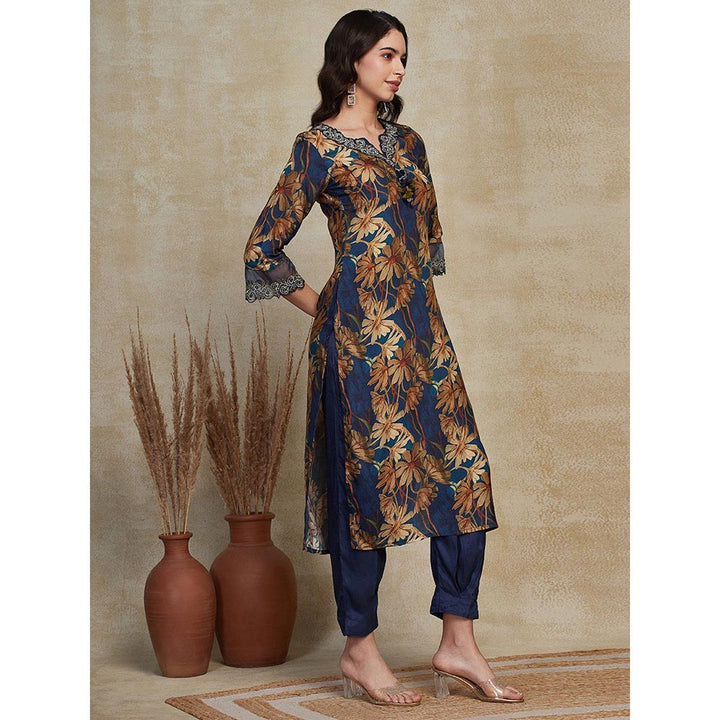 FASHOR Floral Printed & Embroidered Kurta with Pant - Blue (Set of 2)