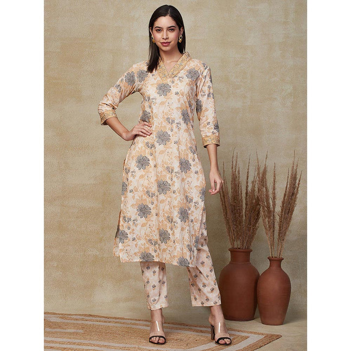 FASHOR Floral Printed & Embroidered Kurta with Pant - Beige (Set of 2)