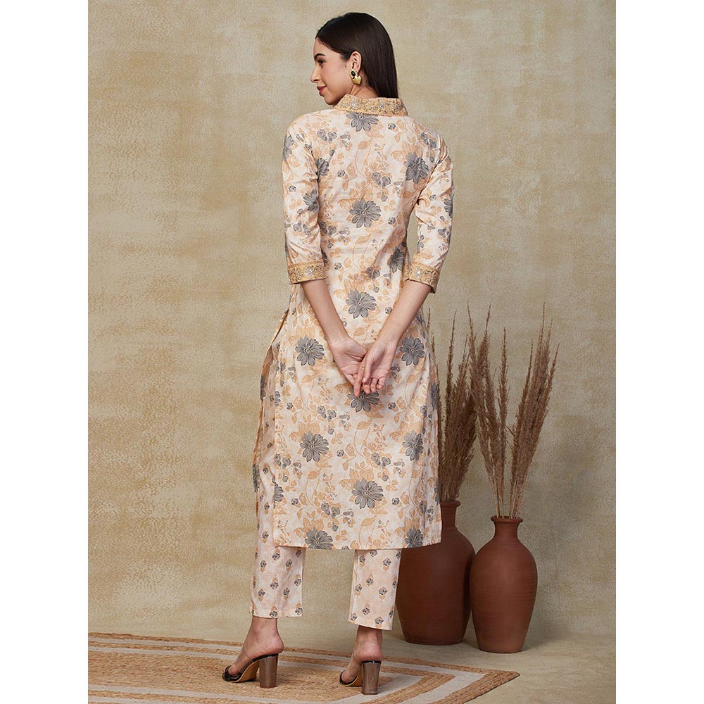 FASHOR Floral Printed & Embroidered Kurta with Pant - Beige (Set of 2)