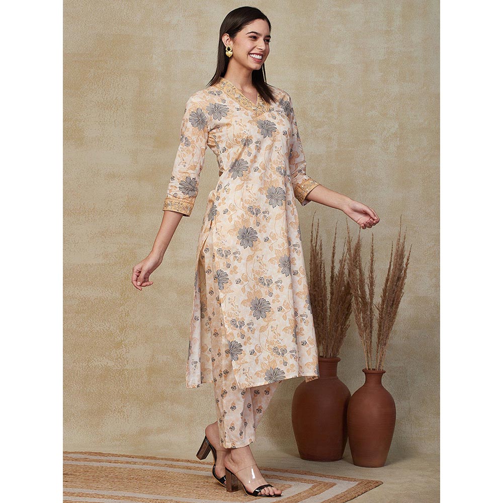 FASHOR Floral Printed & Embroidered Kurta with Pant - Beige (Set of 2)