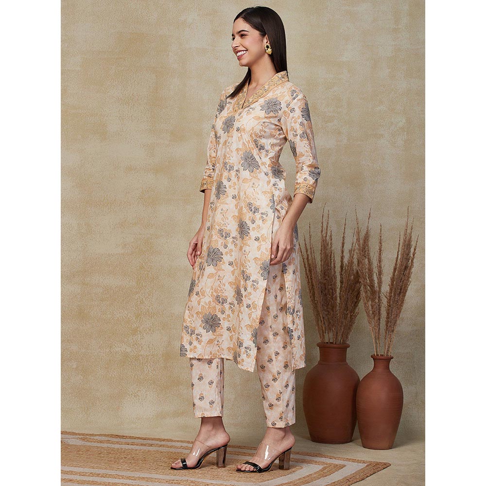 FASHOR Floral Printed & Embroidered Kurta with Pant - Beige (Set of 2)